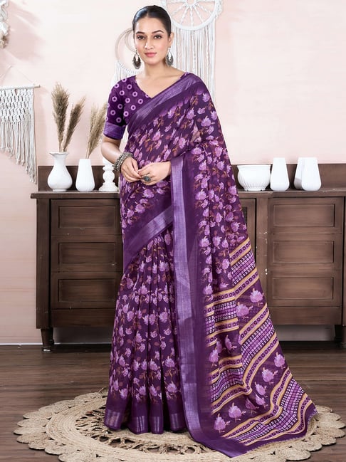 Satrani Purple Cotton Linen Floral Saree With Unstitched Blouse-picture-26