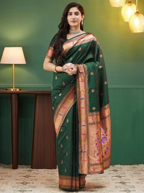 Satrani Green Silk Woven Saree With Unstitched Blouse-picture-37