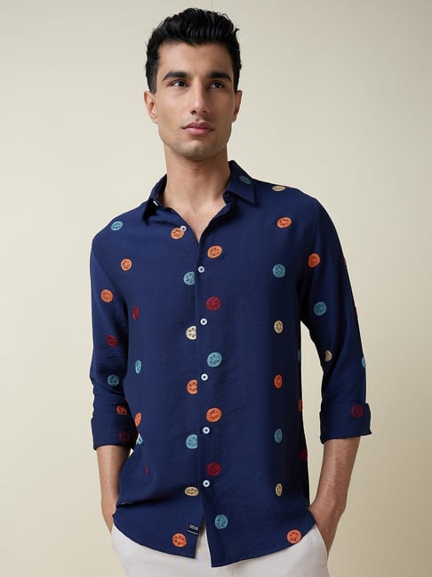 Thomas Scott Navy Slim Fit Embroidered Shirt-picture-10
