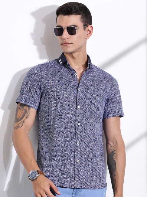 Thomas Scott Navy Cotton Slim Fit Printed Shirt-picture-41