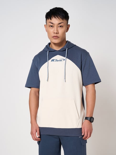 Ajile By Pantaloons White & Blue Relaxed Fit Colour Block Hooded T-Shirt-picture-43
