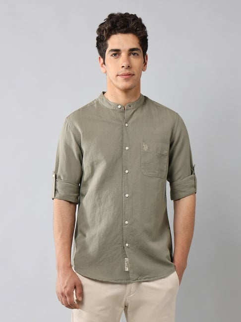 Polo Denim Green Linen Regular Fit Shirt