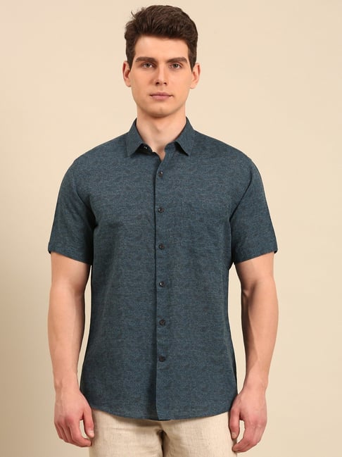 Linen Club Navy Slim Fit Printed Shirt-picture-27