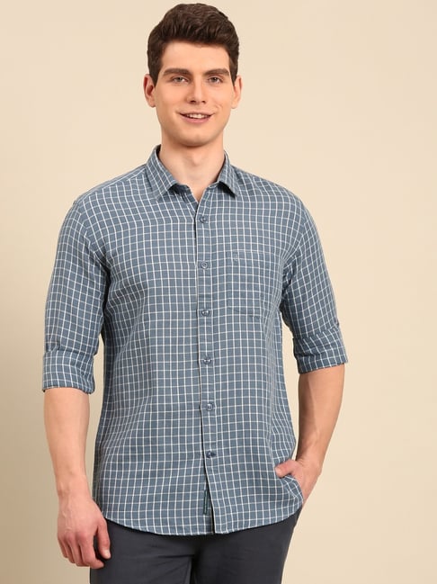 Linen Club Blue Slim Fit Checks Shirt-picture-17