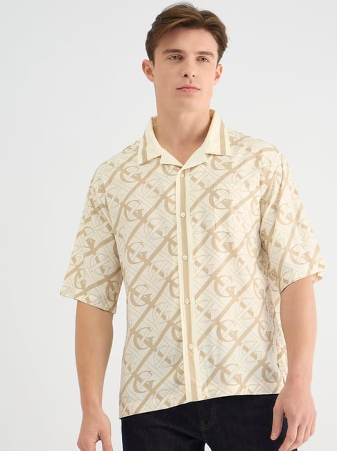 Gant Mens Beige Cuban Collar Short Sleeve Monogram Geometric Shirt-picture-18