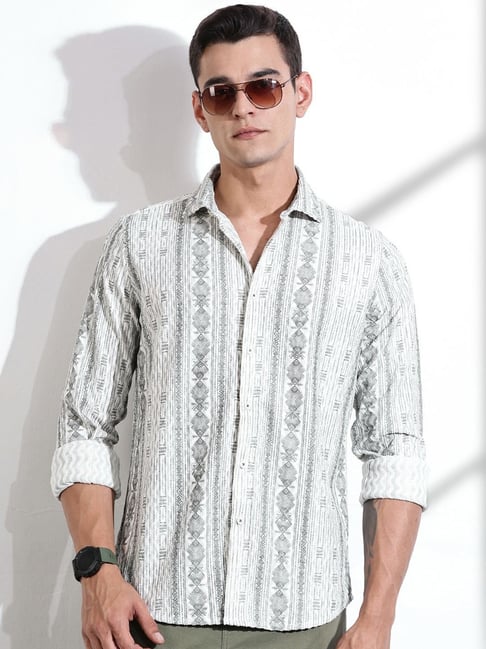 Thomas Scott White & Olive Slim Fit Printed Shirt-picture-16