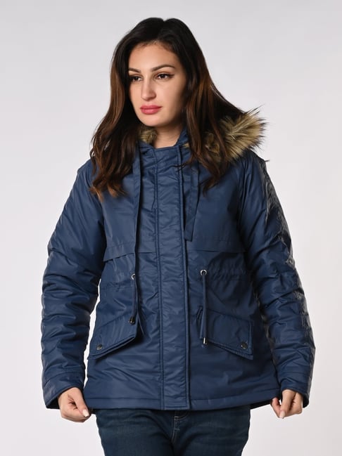 IZEL Navy Blue Solid Puffer Jacket