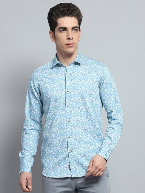 Monte Carlo Sky Blue Cotton Regular Fit Printed Shirt-picture-39