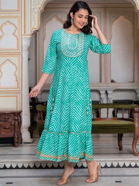 ethnic green dress Green Color Charming White Ethnic Motifs Gown Rim Zim Fashion