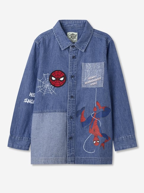 The Souled Store Boys Blue Spider-Man Web Slinger Denim Shirt