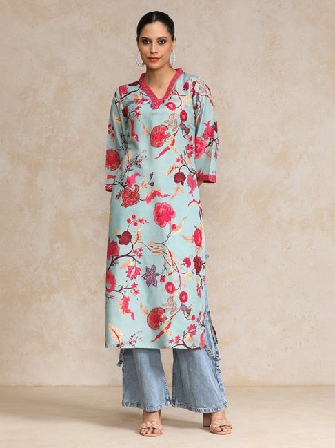 Varanga Sea Green Cotton Floral Kurta-picture-20