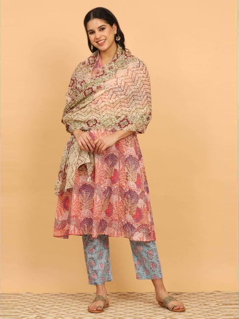 Folksong Women's Pistachio Green Handblock Printed Organza Dupatta