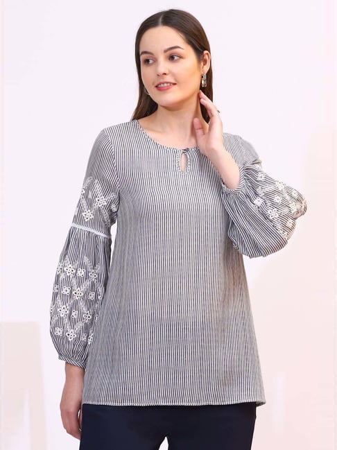 W for Woman Navy and White Yarn Dyed Striped Top with Schiffli Embroidery At Sleeves-picture-10