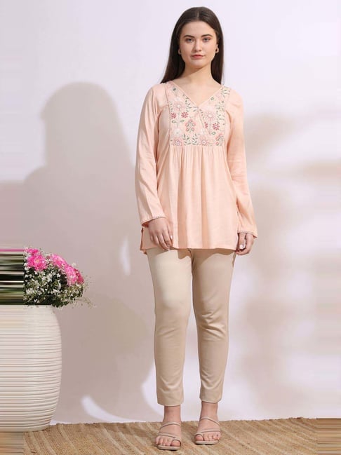 W for Woman Pastel Pink Thread Embroidered Gathered Swiss Dot Ethnic Top-picture-12