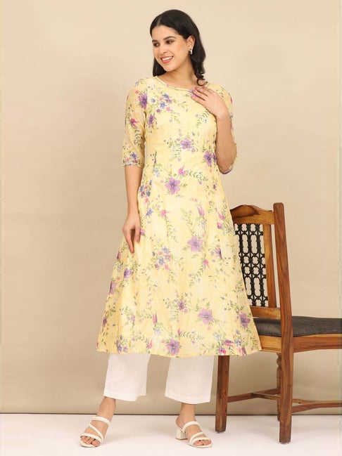 Aurelia Women's Yellow Floral Printed A-line Kota Kurta in Boat Neck-picture-19
