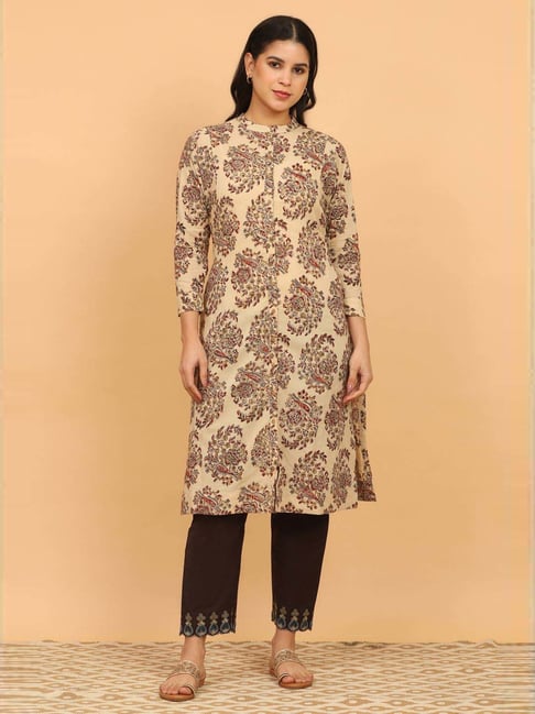 Folksong Women's Light Beige Kalamkari Print Shirt Kurta-picture-27