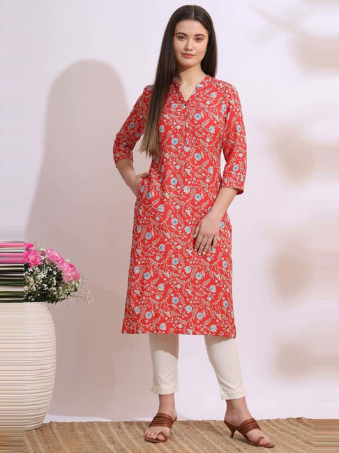 W for Woman Orange Bold Floral Printed Cotton Cambric Straight Kurta-picture-42