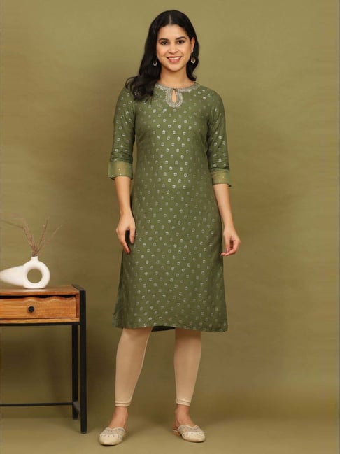 W for Woman Green Printed Rayon Straight Kurta with Embroidered Neck-image-25
