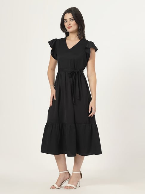 Style Quotient Womens Black Full Length Dress With Frill Style Sleeves And  Waist Belt