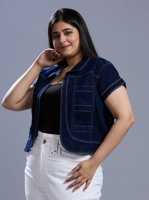 Style Quotient Women Dark Blue Open Front Plus Denim Cardigan-picture-19