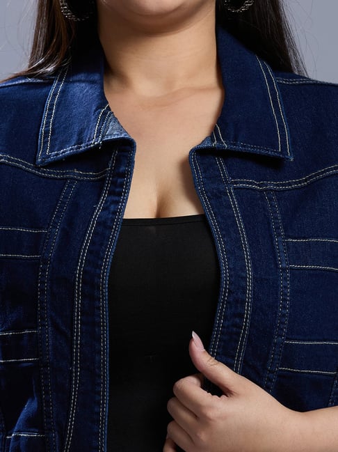 Style Quotient Women Dark Blue Open Front Plus Denim Cardigan