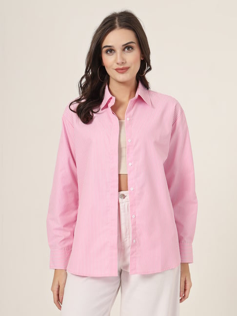 Style Quotient Women Pink & White Smart Casual Oversized Polycotton Shirt-picture-42