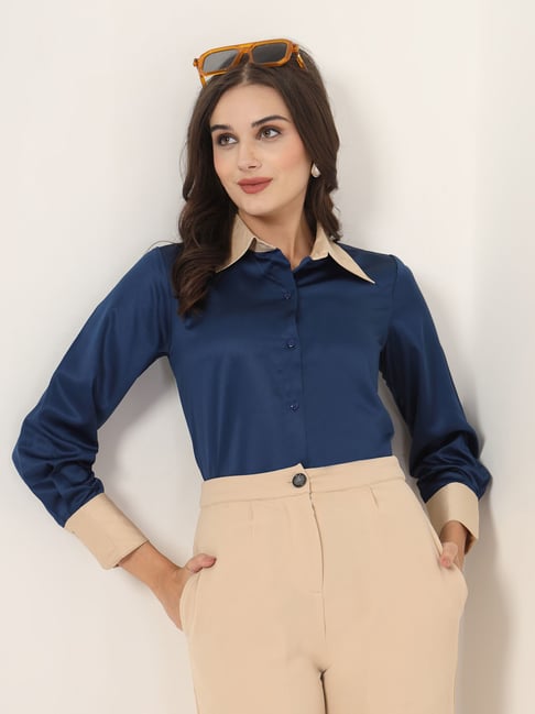 Style Quotient Women Navy & Champagne Colorblock Satin Regular Fit Semi Formal Shirt-picture-36