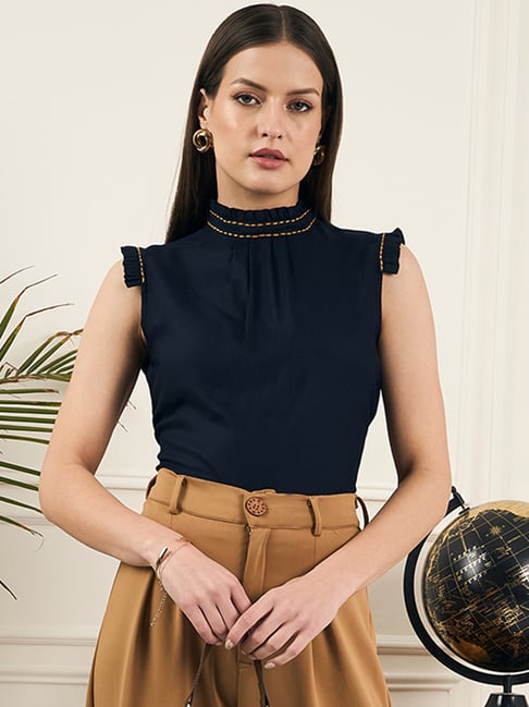 Style Quotient Women Navy Sleeveless Embroidered Top-picture-26
