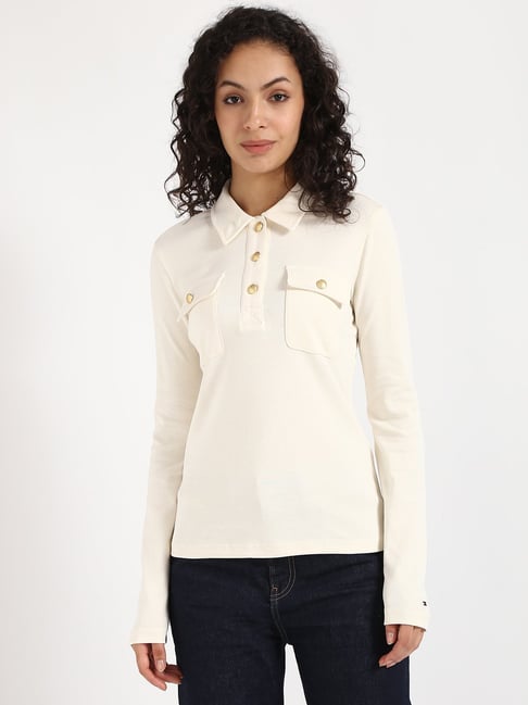 TOMMY HILFIGER Yellow Cotton Solid Full Sleeves T-Shirt