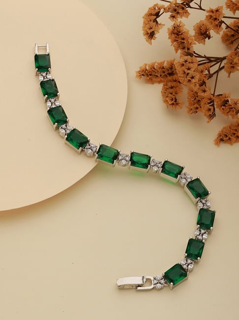 Saraf Rs Jewellery Green Silver Toned CZ Studded Minimal Link Tennis Bracelet-picture-28