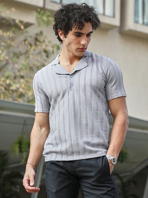 Campus Sutra Grey Regular Fit Striped Polo T-Shirt-picture-43
