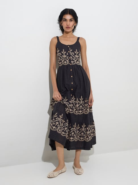 Bombay Paisley by Westside Black Embroidered Cotton Tiered Dress