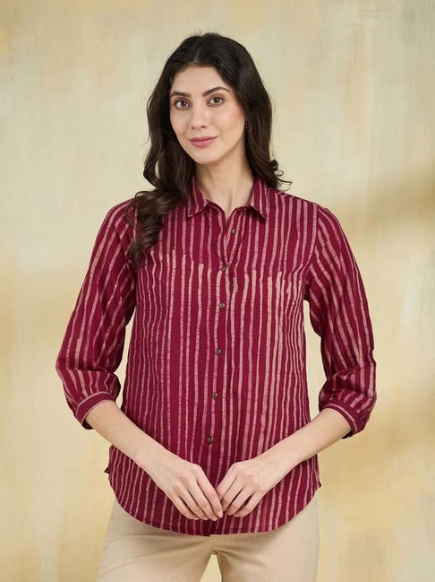 Fabindia Maroon Striped Casual Shirts-picture-26