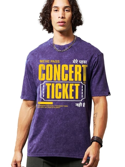 Bewakoof Men's Skipper Blue Concert Typography Oversized Acid Wash T-Shirt