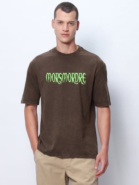 Bewakoof Men's Brown Death Mark Graphic Printed Oversized Acid Wash T-Shirt
