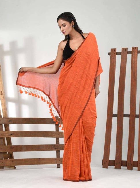 CHARUKRITI Orange Cotton Striped Saree With Unstitched Blouse-picture-34