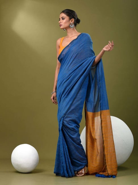 CHARUKRITI Blue Cotton Striped Saree With Unstitched Blouse-picture-28