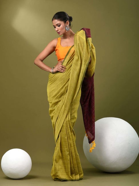CHARUKRITI Yellow Cotton Striped Saree With Unstitched Blouse-picture-32