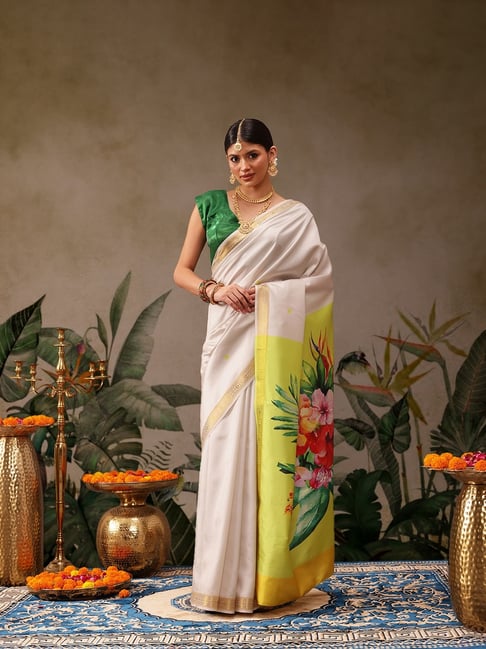 Silk Land Onam Special Floral Printed Soft Silk Kasavu Saree-picture-35
