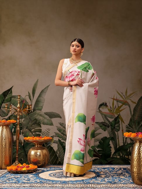 Silk Land Onam Special Floral Printed Soft Silk Kasavu Saree-picture-34