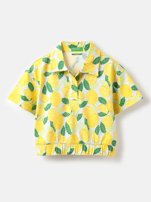 United Colors of Benetton Girls Yellow & Green Cotton Printed T-Shirt