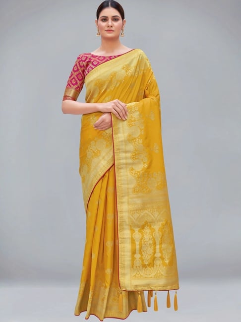 Monjolika Fashion Yellow Regal Banarasi Woven Silk Saree With Blouse Piece-picture-12