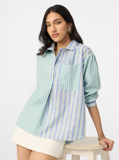 The Souled Store Green Boyfriend Fit Stripes Casual Shirt-image-48