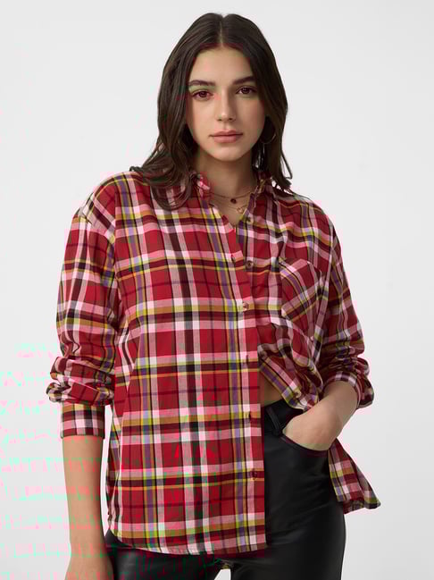 The Souled Store Red Cotton Boyfriend Fit Plaid Casual Shirt-picture-33