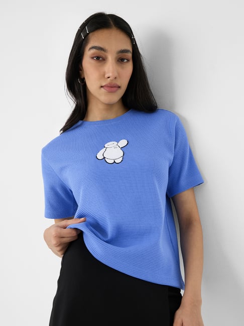 The Souled Store Blue Cotton Relaxed Fit Embroidery T-Shirt-picture-45