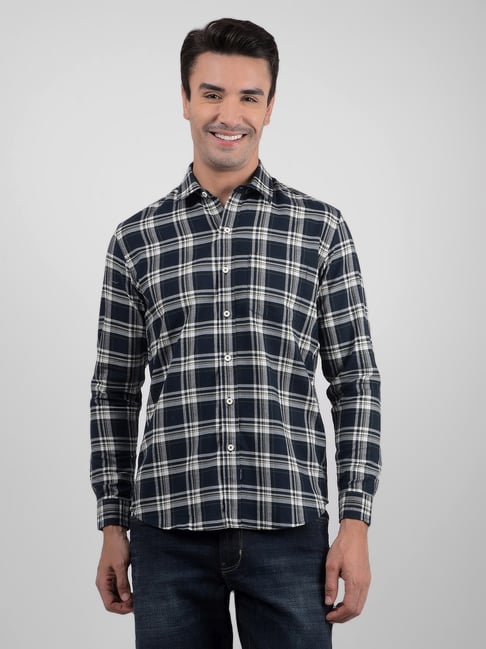 Numero Uno Navy Cotton Slim Fit Checks Shirt-picture-12