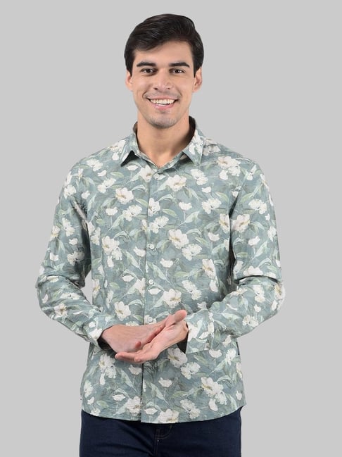Numero Uno Green Slim Fit Floral Print Shirt-picture-22