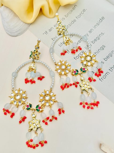 Abdesigns Gold-Tone Plated Kundan Studded And Beaded Minimal Dangler Earrings-picture-34