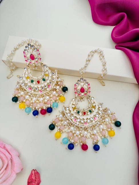 Abdesigns Gold-Tone Plated Meenakari Kundan Studded And Beaded Minimal Dangler Earrings-picture-32