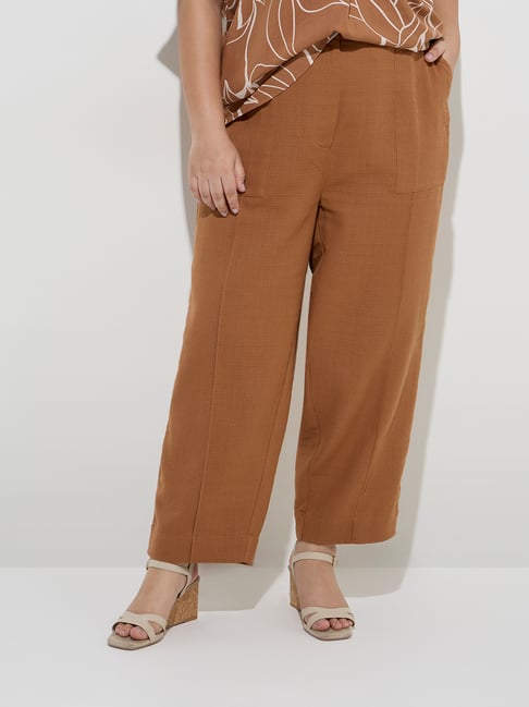 Gia by Westside Brown High-Rise Cotton Trousers